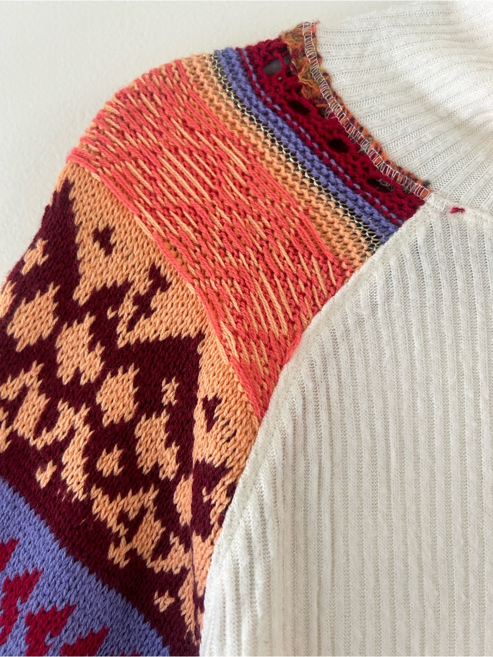 Free People Cream Cowl Neck Sweater with Colorful Patterned Sleeves - Picture 4 of 13